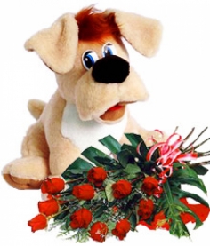 Плюшевая собачка и букет из красных роз с зеленью