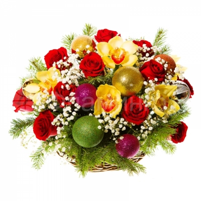 С Новым Счастьем! Красочная праздничная композиция из роз и орхидей в корзине в новогоднем оформлении – прекрасный подарок к самому сказочному празднику в году. Поздравьте своих любимых и близких с Новым годом с помощью яркой цветочной композиции. Корзина с цветами – замечательный способ пожелать получателю: «С новым счастьем!» Орхидеи, розы, новогоднее оформление, корзина, оазис